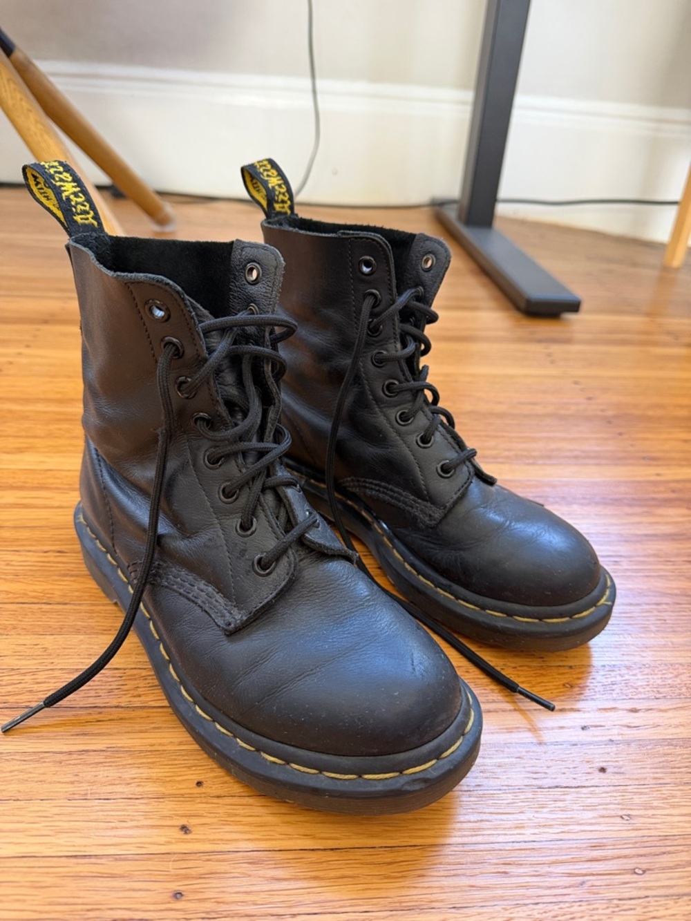 Dr. Martens Black Leather Lace-Up Boots with Yellow Stitching